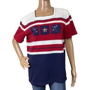 Alfred Dunner 4th of July Patriotic Embroidered Knit Top Size S